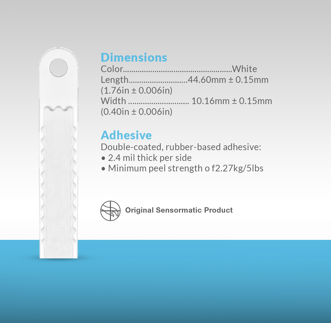 Sensormatic APX hang label showing dimensions and adhesive properties for secure attachment and reliable retail product protection.