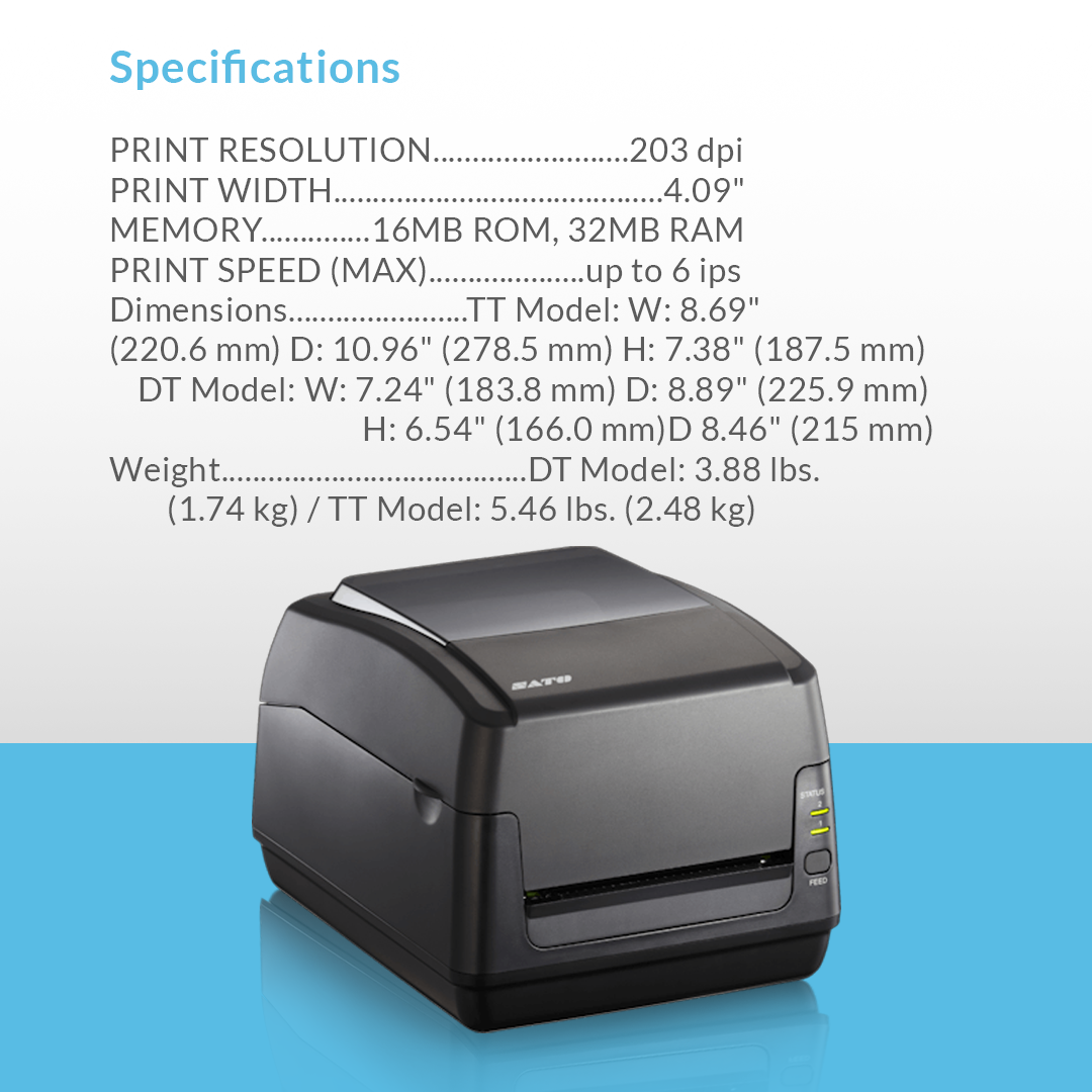 SATO WS4 203 dpi thermal label printer with specifications and feature list