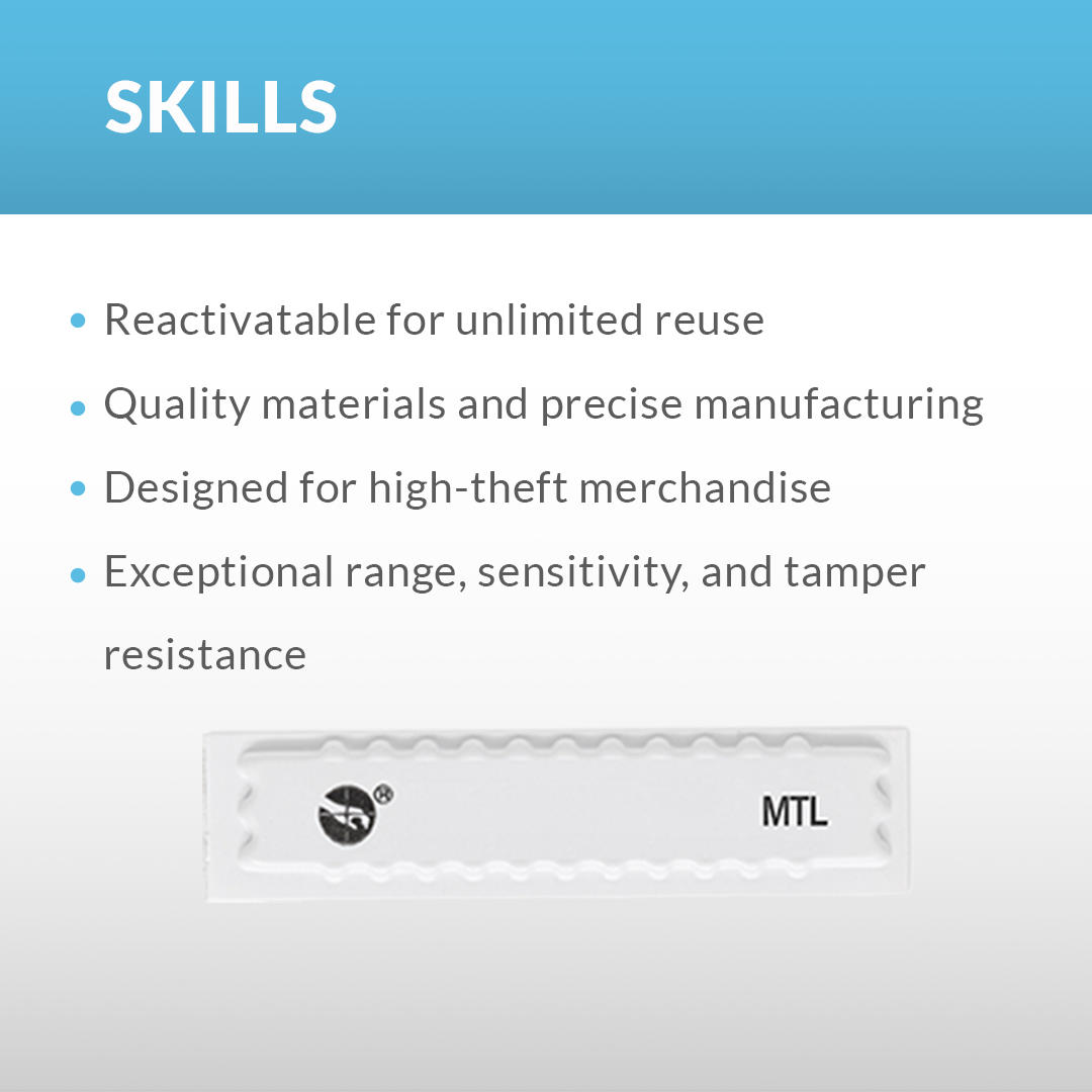 Sensormatic metal sheet label features listed skills for retail security, product protection, and loss prevention solutions.