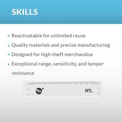 Sensormatic metal sheet label features listed skills for retail security, product protection, and loss prevention solutions.