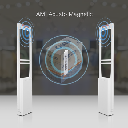 Sensormatic APX insertable label on box positioned between EAS panels, illustrating alarm system detection for retail security and theft prevention.