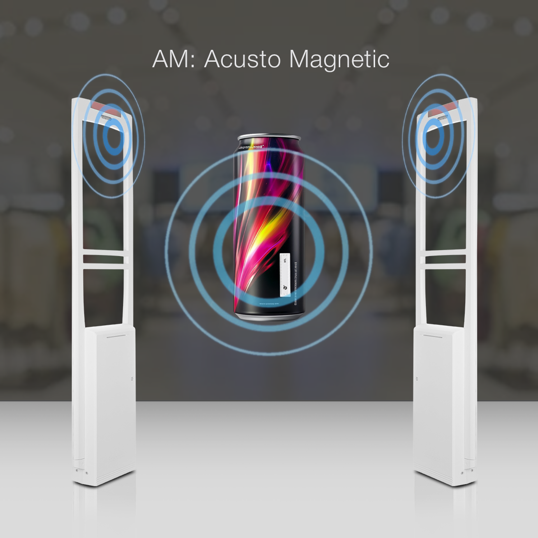 Sensormatic metal sheet label on canned beverage detected between two EAS sensors with blue waves illustrating security system function.