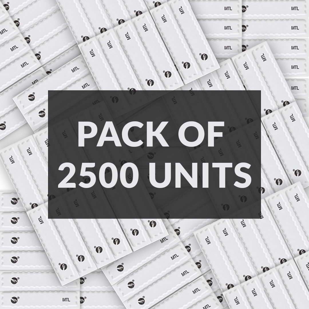 Pack of 2500 Sensormatic metal sheet labels shown in bulk background for retail security and loss prevention.