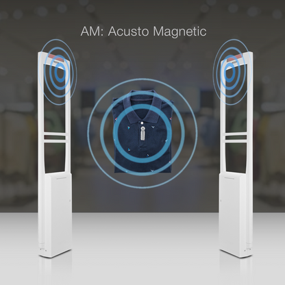 AM Magnetic Pencil Tag applied to a shirt between two panels, with waves emanating from both the tag and the panels, showcasing its acousto-magnetic (AM) technology. Provides effective anti-theft protection for apparel using AM security systems.