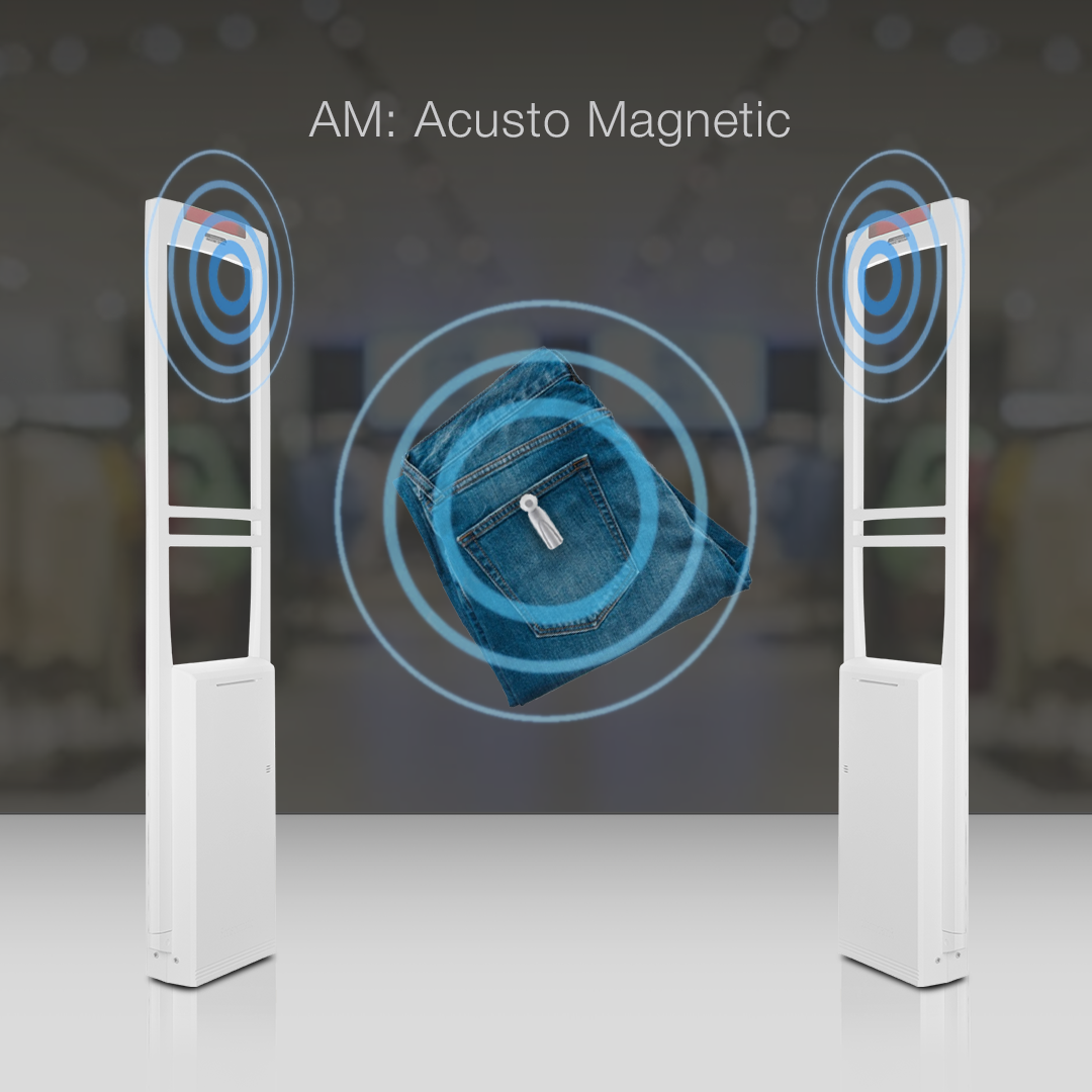 RF Magnetic Pencil Tag applied to a pair of jeans between two panels, with waves emanating from both the tag and the panels, demonstrating its acousto-magnetic (AM) technology. Provides effective anti-theft protection for apparel using AM security systems.