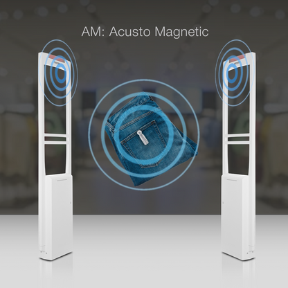 RF Magnetic Pencil Tag applied to a pair of jeans between two panels, with waves emanating from both the tag and the panels, demonstrating its acousto-magnetic (AM) technology. Provides effective anti-theft protection for apparel using AM security systems.