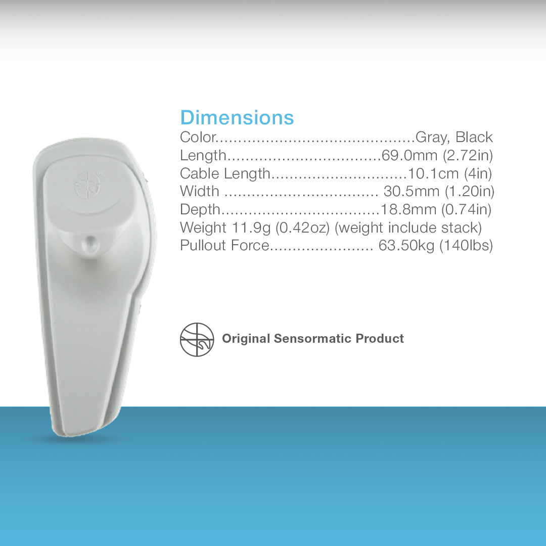 Gray variant of the Sensormatic SuperTag III built to withstand environmental stress in retail environments.