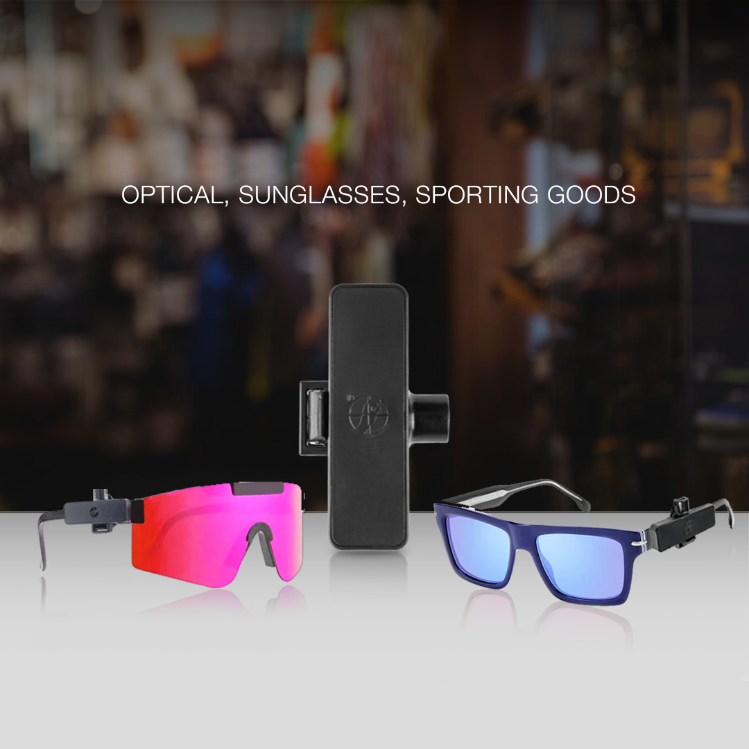 Magnetic Optical Tag applied to sunglasses. Designed for securing optical products, sunglasses, and sporting goods. Provides reliable anti-theft protection using magnetic optical technology in retail environments.