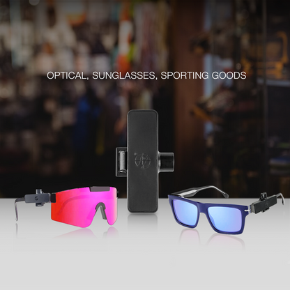 Magnetic Optical Tag applied to sunglasses. Designed for securing optical products, sunglasses, and sporting goods. Provides reliable anti-theft protection using magnetic optical technology in retail environments.