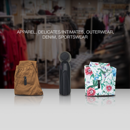 Pencil Tag Black applied to a pair of pants and a shirt. Ideal for securing apparel, delicates, intimates, outerwear, denim, and sportswear. Provides effective anti-theft protection in retail environments.