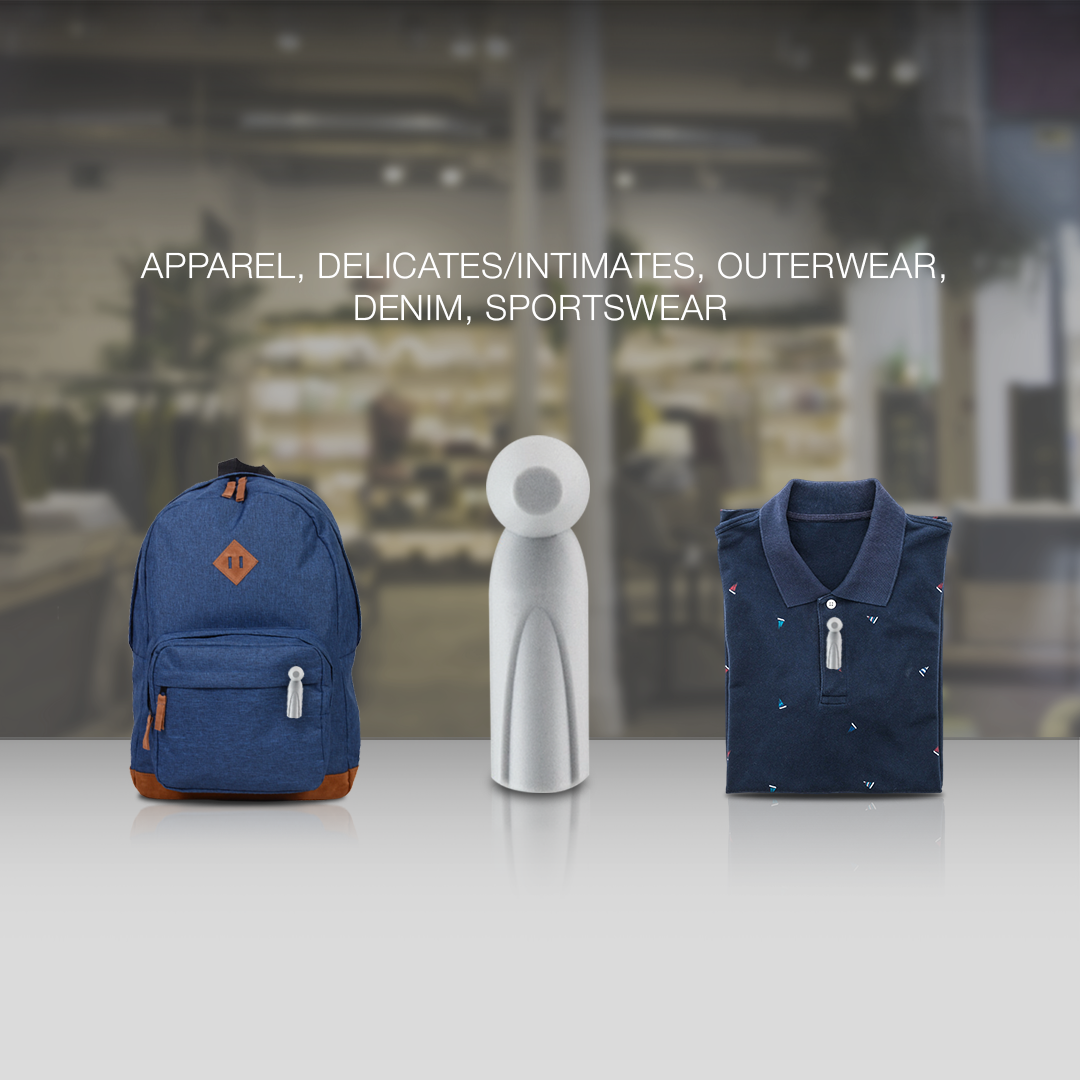 AM Magnetic Pencil Tag applied to a backpack and a shirt. Designed for use on apparel including delicates, intimates, outerwear, denim, and sportswear. Provides reliable acousto-magnetic anti-theft protection in retail environments.
