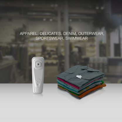 Infuzion Magnetic Tag applied to a shirt. Ideal for securing apparel, delicates, denim, outerwear, sportswear, and swimwear. Provides reliable anti-theft protection using magnetic technology in retail environments.