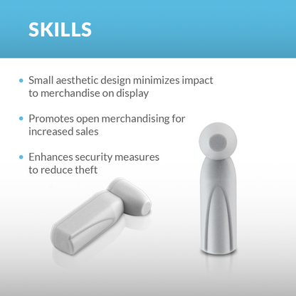 AM Magnetic Pencil Tag showcasing key skills: small aesthetic design minimizes impact to merchandise on display, promotes open merchandising for increased sales, and enhances security measures to reduce theft. Ideal for protecting retail items with acousto-magnetic technology.