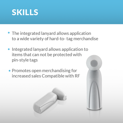 RF Magnetic Pencil Tag showcasing key skills: integrated lanyard for application on hard-to-tag merchandise, allows protection for items that can't be secured with pin-style tags, promotes open merchandising for increased sales, and is compatible with RF technology for effective anti-theft protection.