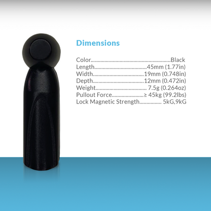 Pencil Tag Black displaying its dimensions. Compact design ensures minimal impact on merchandise while providing reliable anti-theft protection, ideal for a variety of retail products.