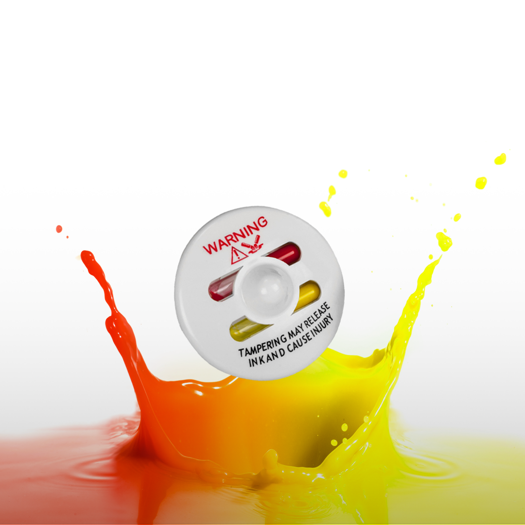 Saucer Ink Security Tag submerged in red and yellow ink, highlighting its anti-theft dye deterrent feature."