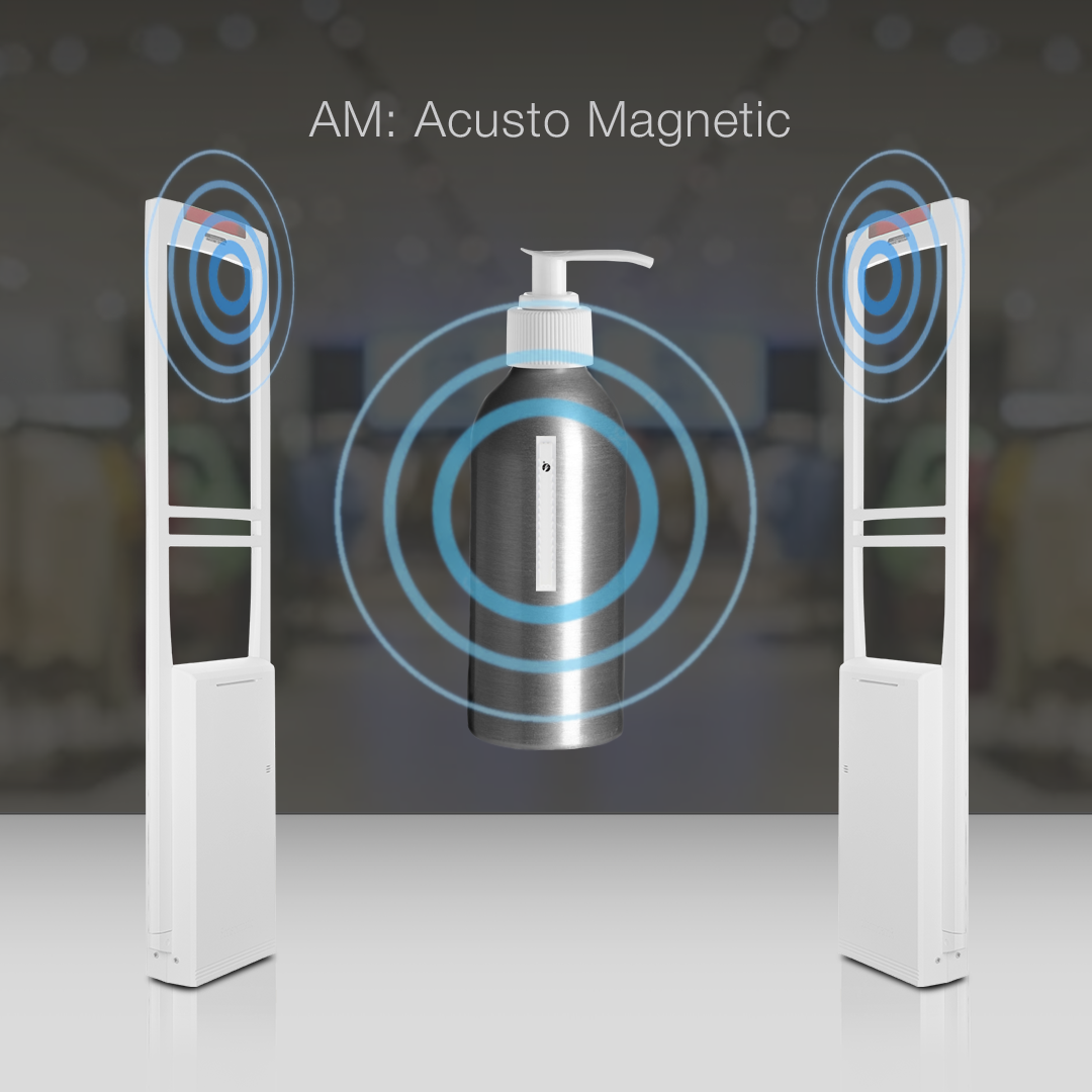 Sensormatic HBC sheet label secured on a narrow bottle between acousto-magnetic AM security pedestals.