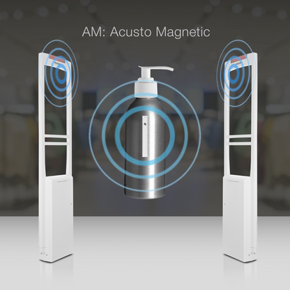Sensormatic HBC sheet label secured on a narrow bottle between acousto-magnetic AM security pedestals.