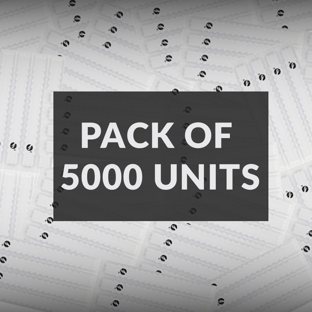 Bulk inventory pack of 5000 units of Sensormatic HBC acousto-magnetic sheet labels for source tagging.