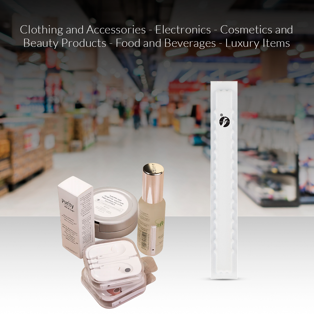 Sensormatic HBC sheet label applied to narrow cosmetics, skin care, and oral health product packaging.