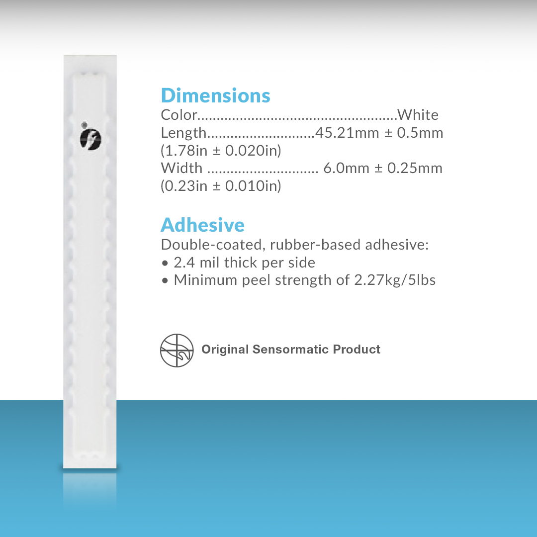 Technical dimensions and double-coated adhesive specifications of the white Sensormatic HBC label.
