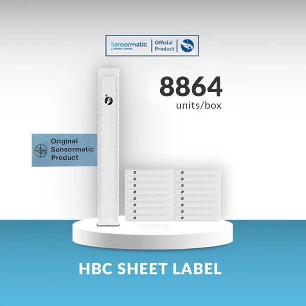 Sensormatic HBC sheet label box pack showing 8864 units for narrow retail merchandise protection.