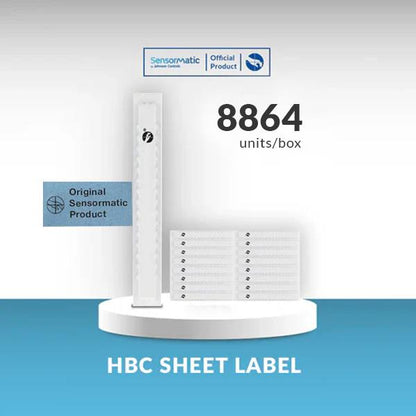 Sensormatic HBC sheet label box pack showing 8864 units for narrow retail merchandise protection.