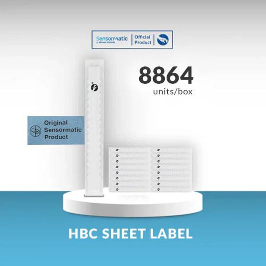 Sensormatic HBC sheet label box pack showing 8864 units for narrow retail merchandise protection.