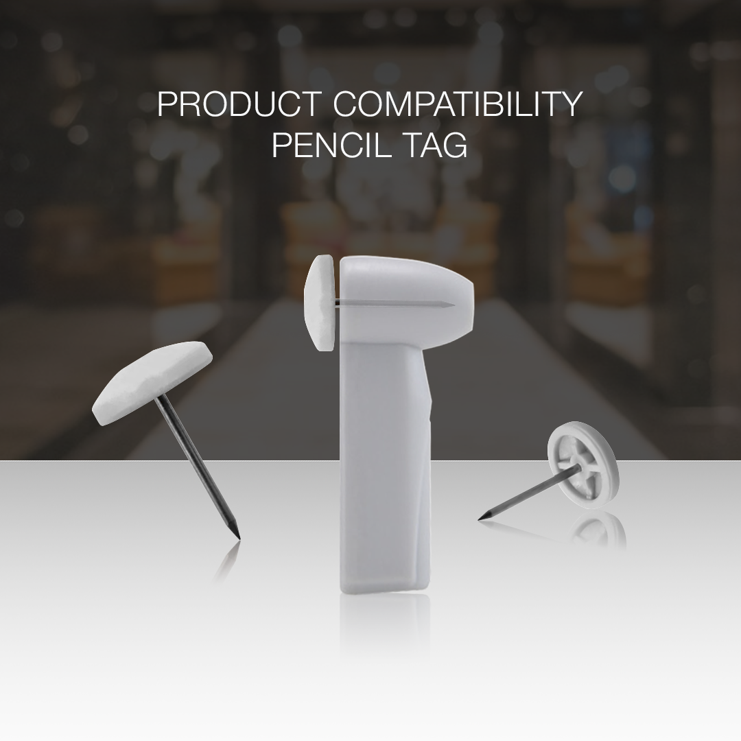 Sensormatic pencil tack and pin alignment showcasing compatibility with standard security hard tags.