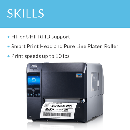 SATO CL6NX Plus 305 dpi industrial thermal label printer with skills and bullet points displayed
