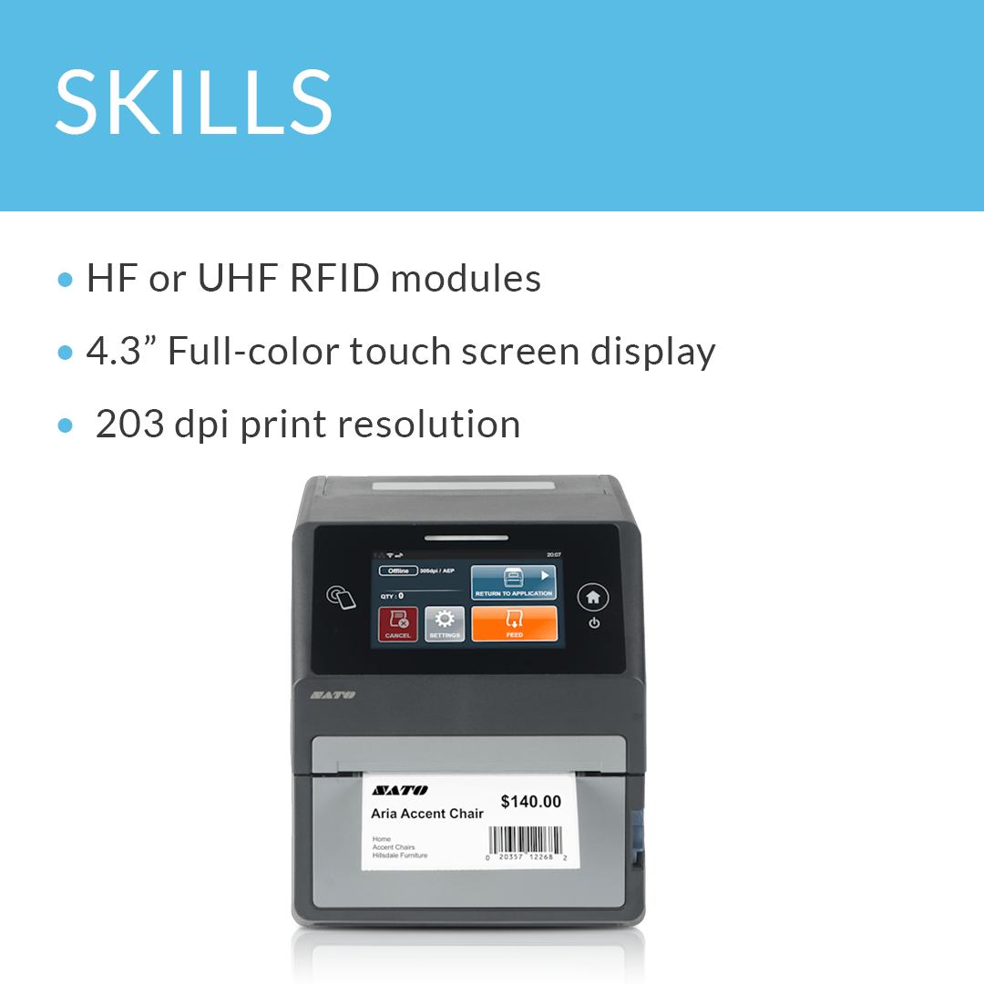 SATO CT4-LX Direct 203 dpi thermal label printer with skills and bullet points displayed
