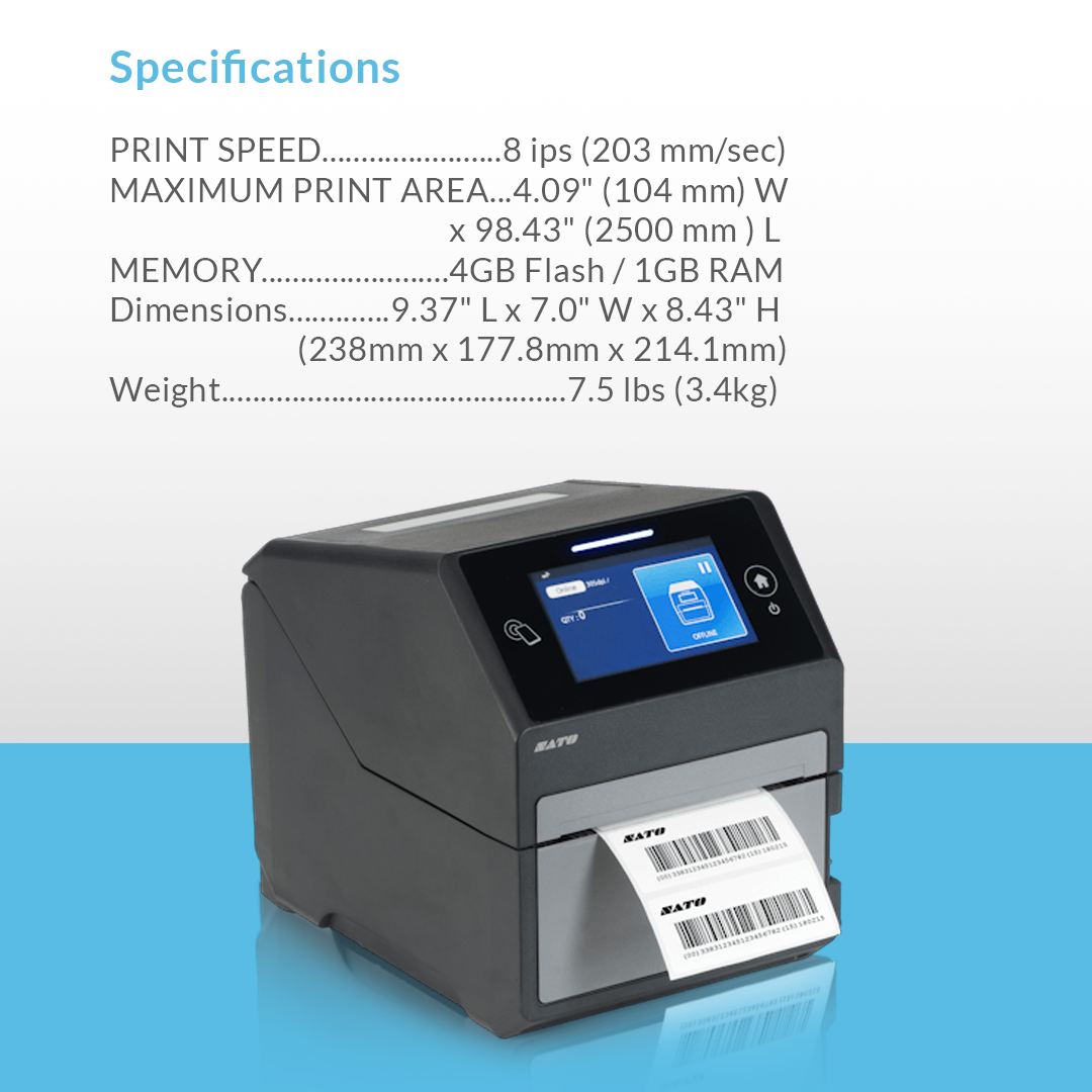 SATO CT4-LX Direct 203 dpi thermal label printer with specifications and bullet points displayed