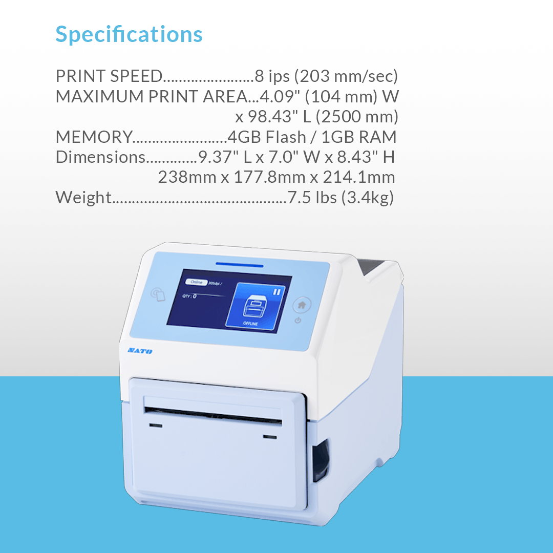 SATO CT4-LX-HC 203 dpi thermal label printer with specifications and bullet points displayed
