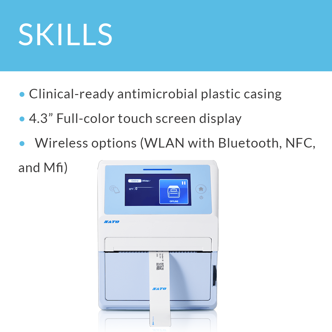 SATO CT4-LX-HC 305 dpi thermal label printer with skills and bullet points displayed