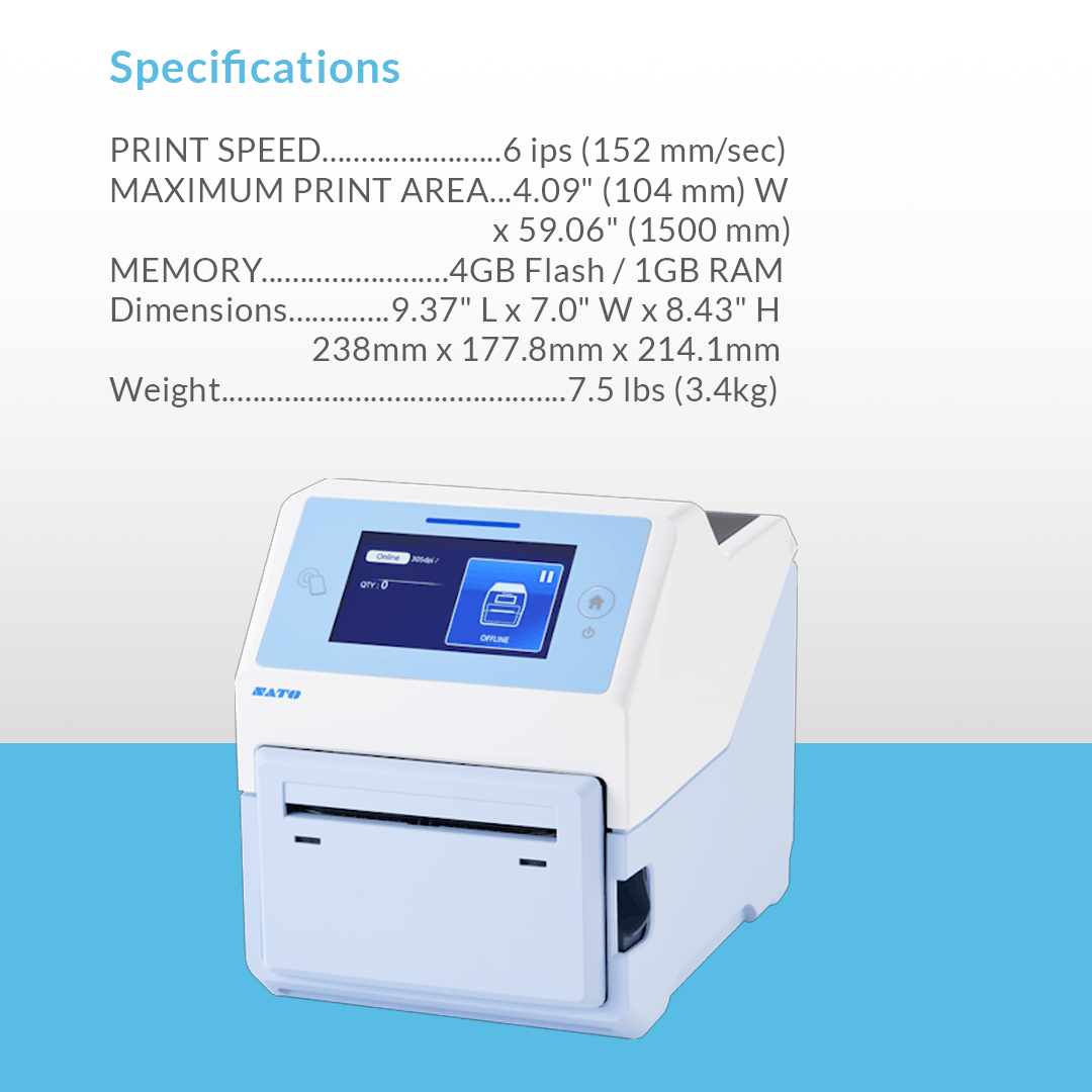 SATO CT4-LX-HC 305 dpi thermal label printer with specifications and bullet points displayed