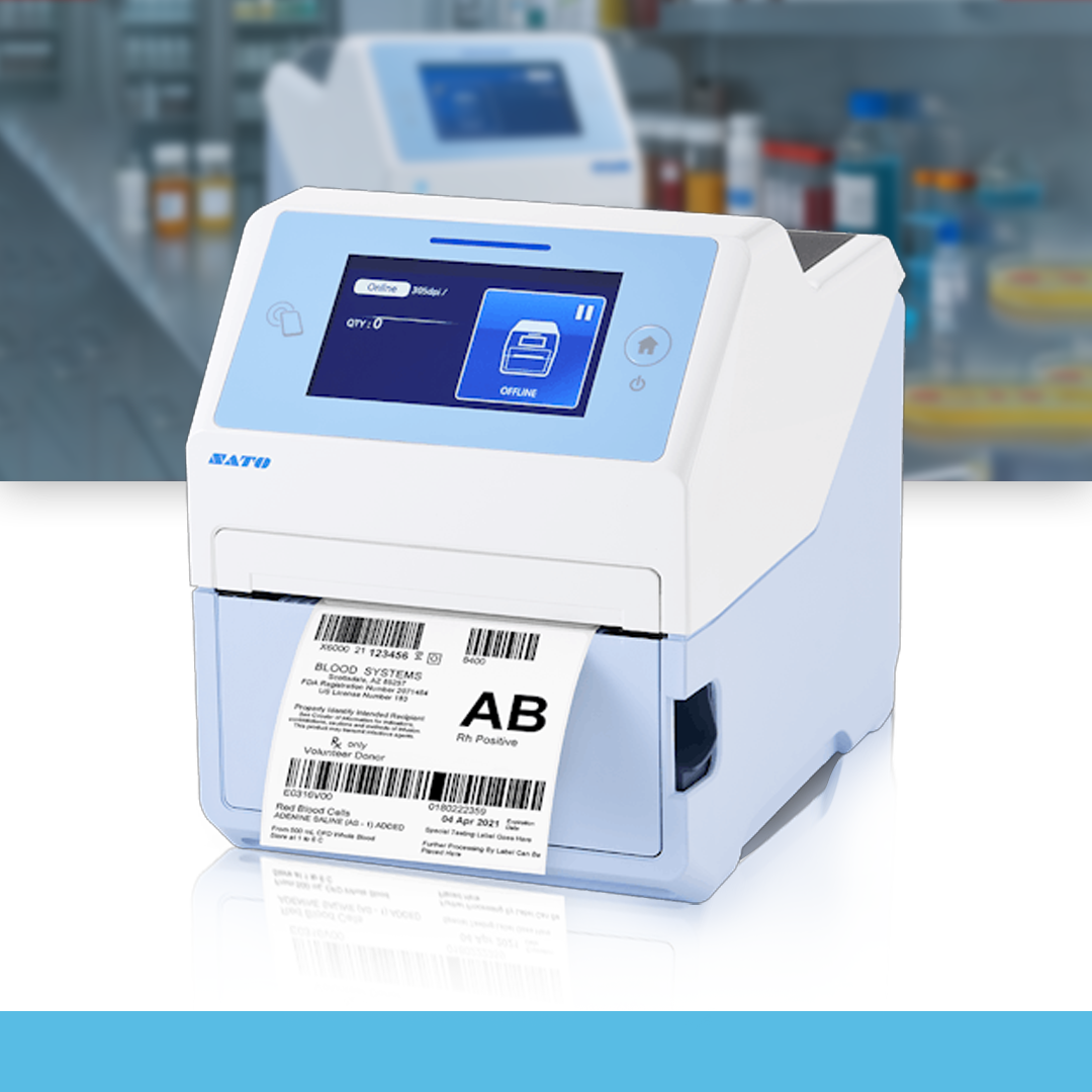 SATO CT4-LX-HC 305 dpi thermal label printer in workplace environment on table