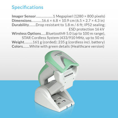 SATO Gryphon 4500 handheld barcode scanner with specifications and bullet points displayed
