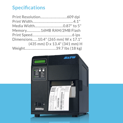 SATO M84Pro 609 dpi thermal label printer with specifications and bullet points displayed