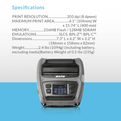 SATO PV4 WLAN 203 dpi thermal label printer with specifications and feature list