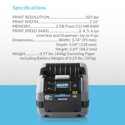 SATO PW2NX 203 dpi portable thermal label printer with specifications and feature list