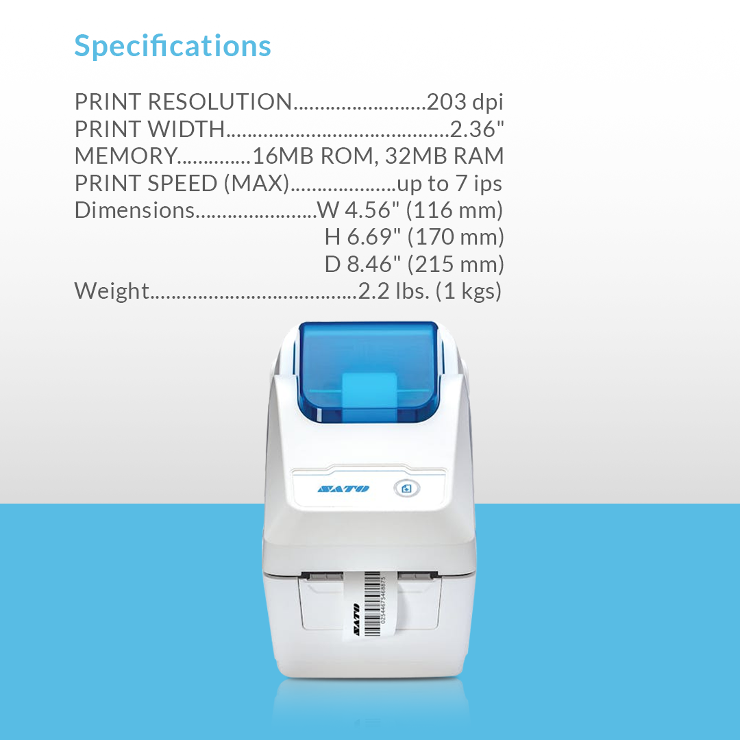 SATO WS2 203 dpi thermal label printer with specifications and feature list