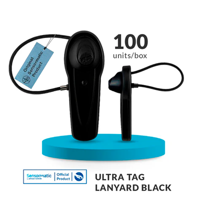 Sensormatic AM 9kG lanyard hard security tag featuring a flexible steel cable for protecting footwear, handbags, and accessories.