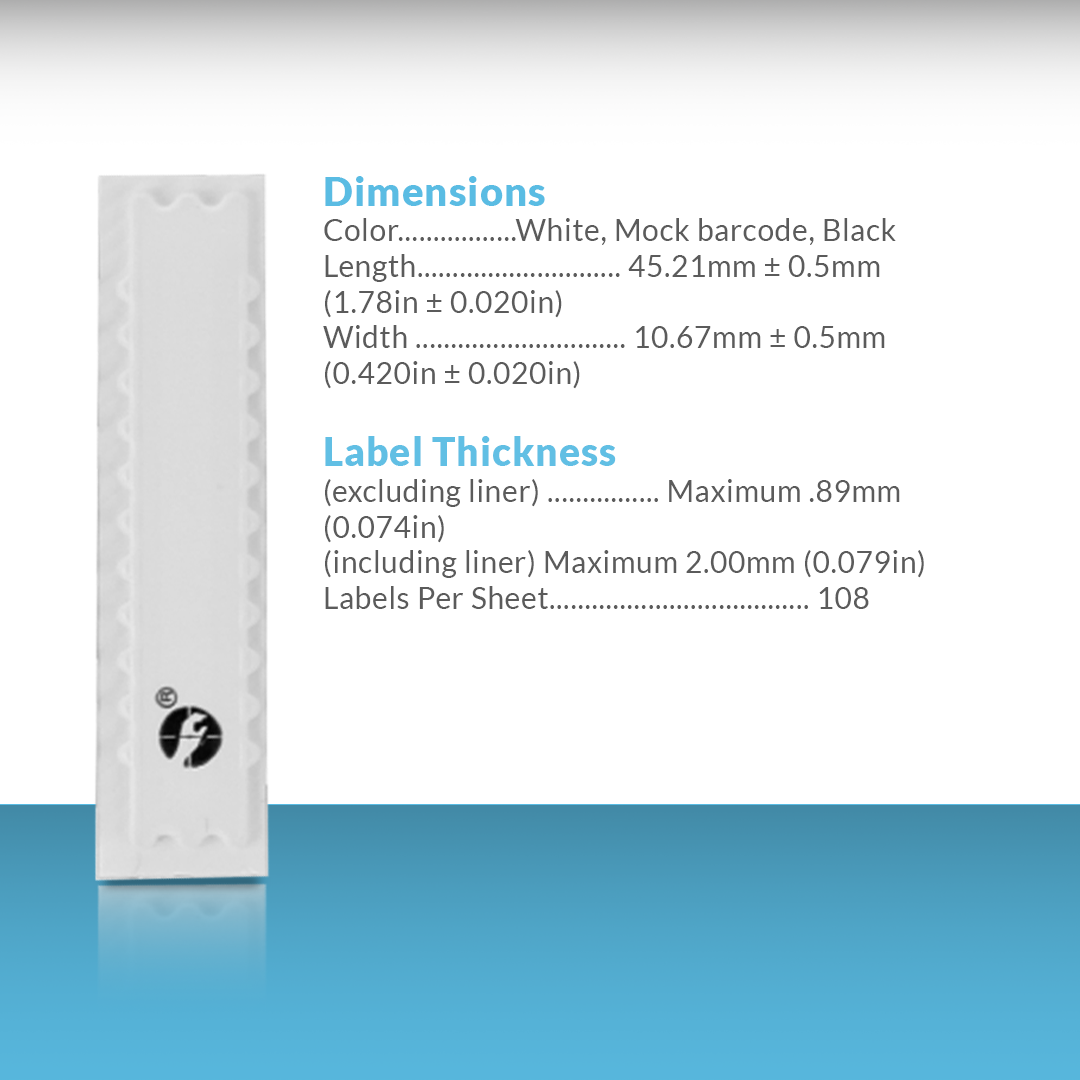 Sensormatic AP Sheet Label dimensions: 45.21 mm long and 10.67 mm wide