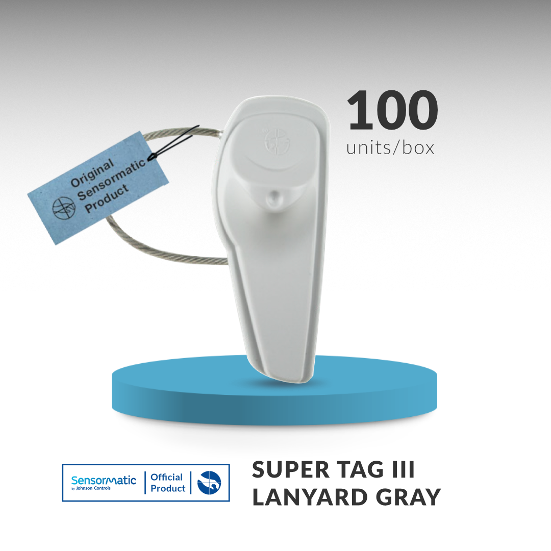 Sensormatic SuperTag III with AM cable providing anti-theft protection for luxury retail merchandise.