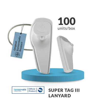 Sensormatic SuperTag III acousto-magnetic hard security tag with steel cable for luxury retail apparel and bags.