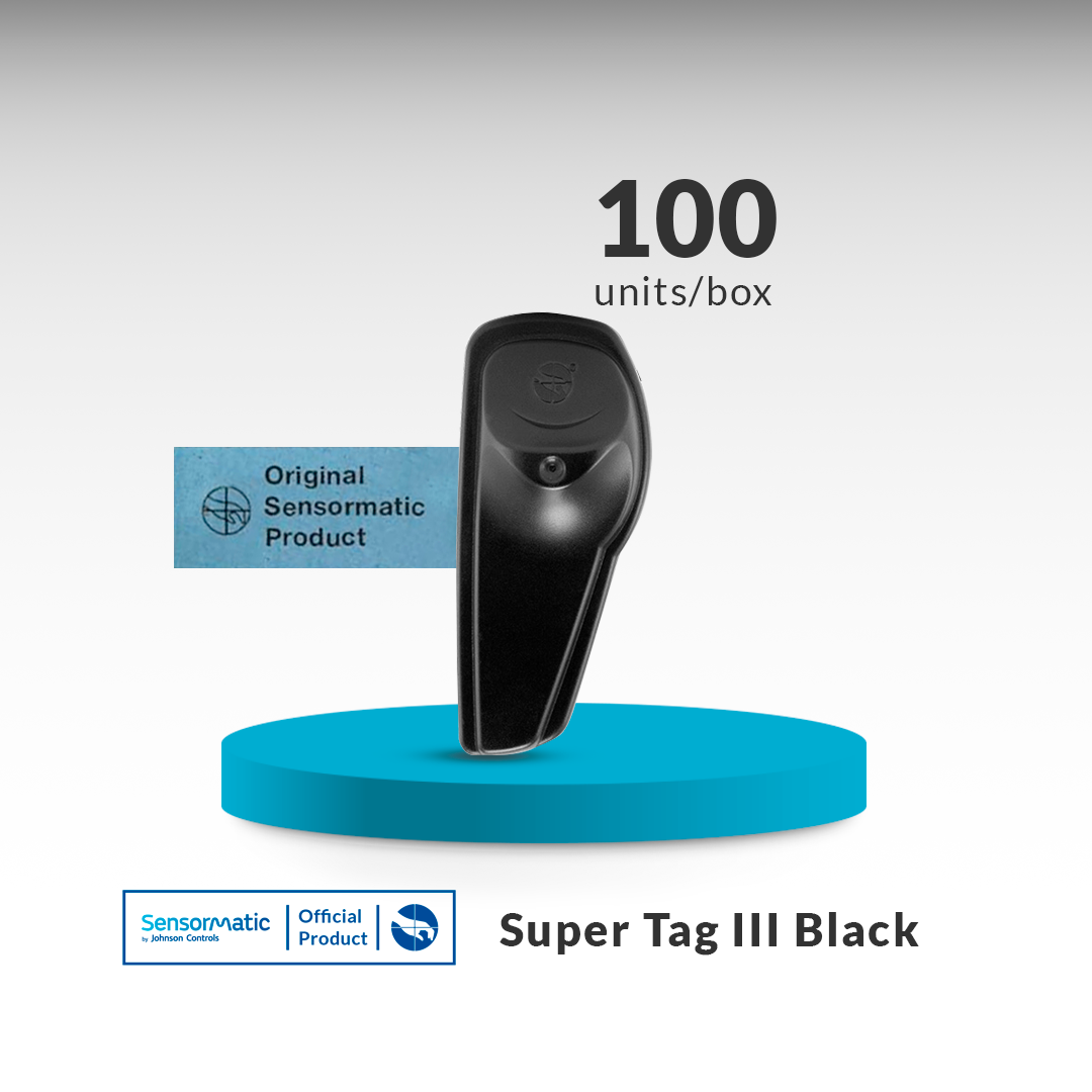 Sensormatic SuperTag ZL303 black hard security tag providing maximum anti-theft protection for apparel.