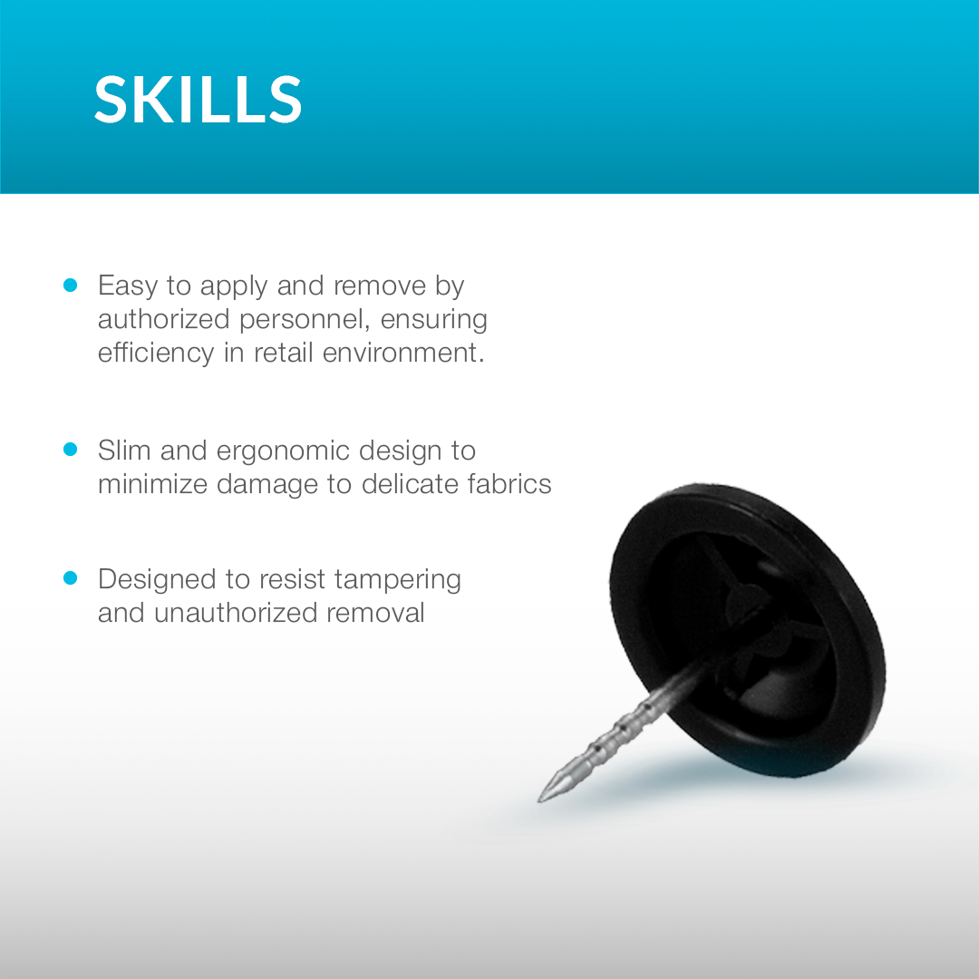 Sensormatic SuperTag shown with compatible tacks and lanyard cables for versatile merchandise use