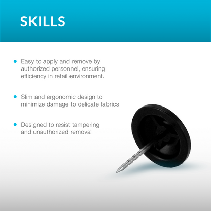 Sensormatic SuperTag shown with compatible tacks and lanyard cables for versatile merchandise use
