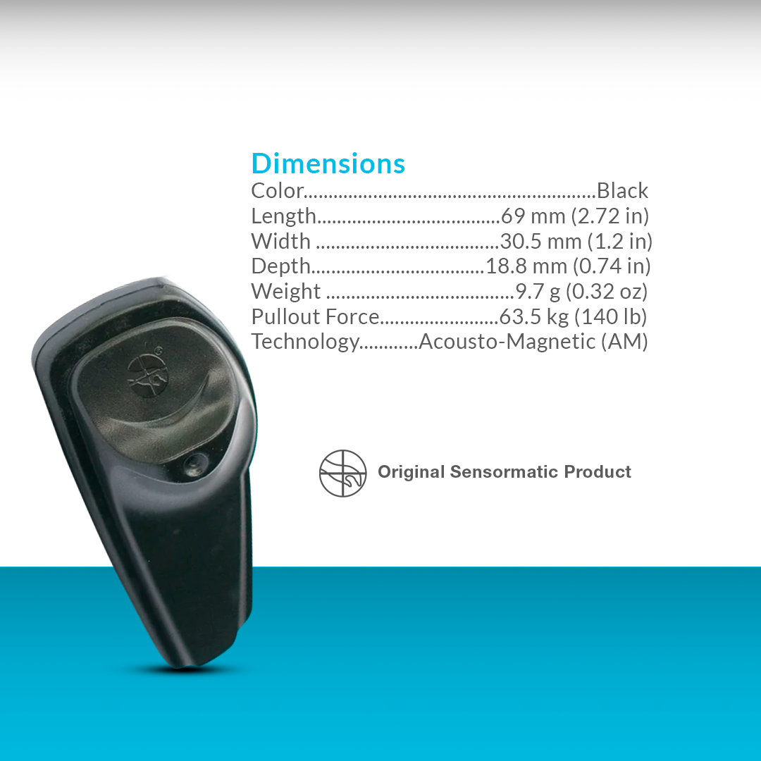 Sensormatic SuperTag ZL303 shown with compatible tacks and lanyard cables for diverse retail merchandise applications.