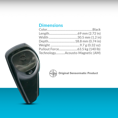Sensormatic SuperTag ZL303 shown with compatible tacks and lanyard cables for diverse retail merchandise applications.